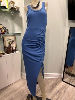 ChicMe Blue Ruched Side Maxi Tank Dress Asymmetrical Ruffle Slit Size M